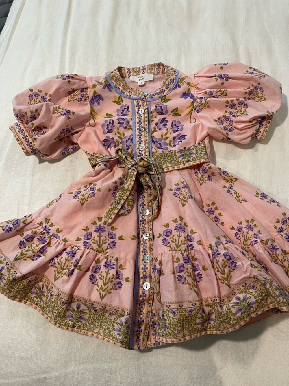 Little Girls Pink Floral Puff-Sleeve Dress with Waist Tie - Picture 2 of 5